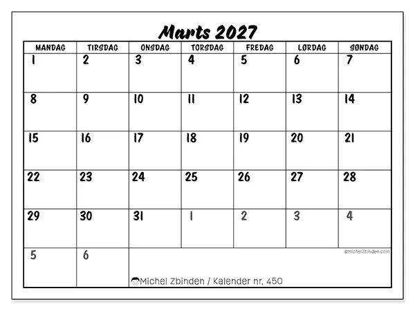 Marts 2027 månedskalender til udskrivning - Detaljeret organisering