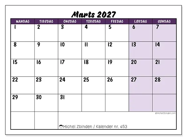Marts 2027 månedskalender til udskrivning - Farverige opgaver