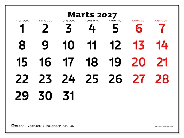 Marts 2027 månedskalender til udskrivning - Klart overblik