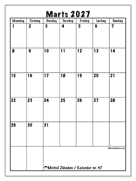 Marts 2027 månedskalender til udskrivning - Tydelig planlægning