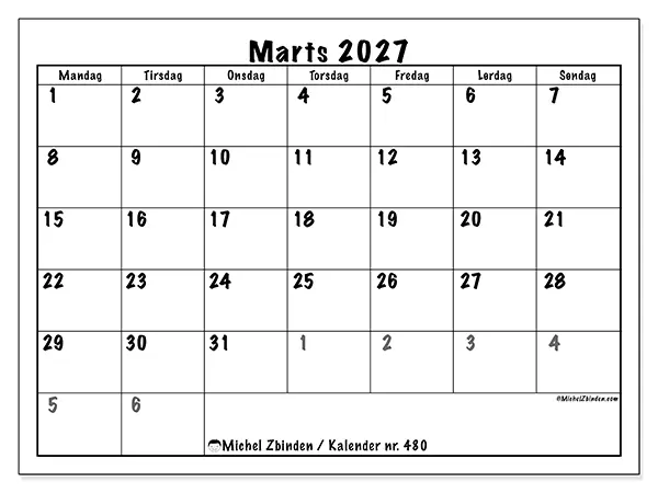Marts 2027 månedskalender til udskrivning - Fuld planlægning
