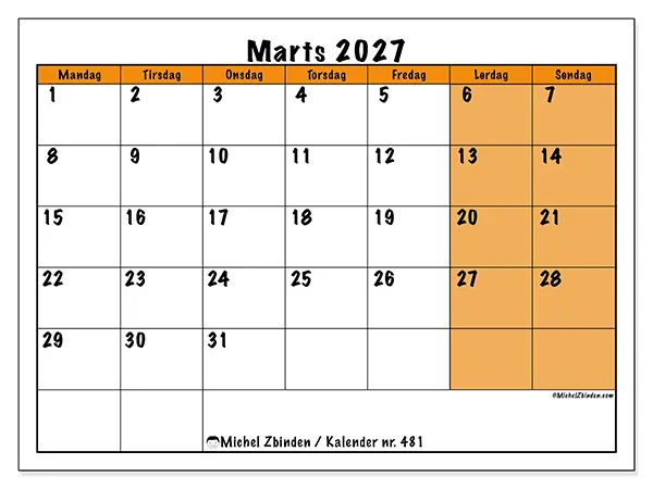 Marts 2027 månedskalender til udskrivning - Dynamisk planlægning