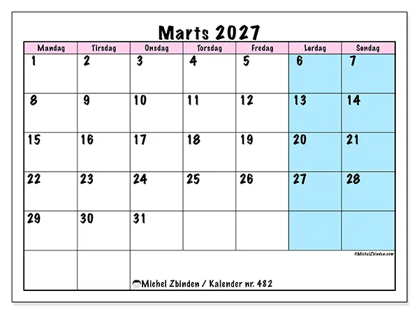 Marts 2027 månedskalender til udskrivning - Team tidsplan