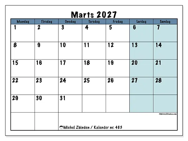 Marts 2027 månedskalender til udskrivning - Struktur til skole