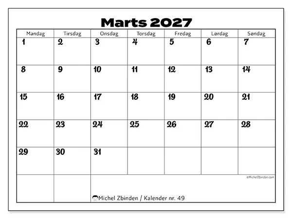 Marts 2027 månedskalender til udskrivning - Koordinering på arbejdet