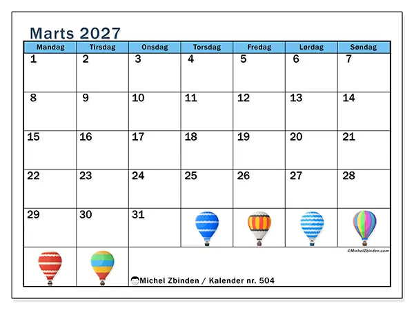 Marts 2027 månedskalender til udskrivning - Luftballoner