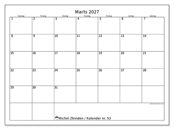 Marts 2027 månedskalender til udskrivning - Tydeligt skema