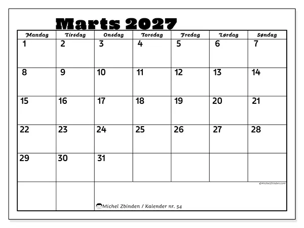 Marts 2027 månedskalender til udskrivning - Familieaktiviteter