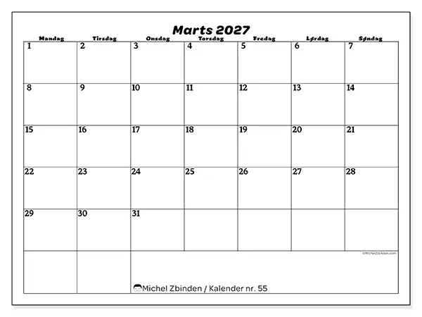 Marts 2027 månedskalender til udskrivning - Organisering af fritid
