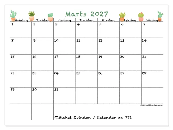Marts 2027 månedskalender til udskrivning - Dekorative kaktusser