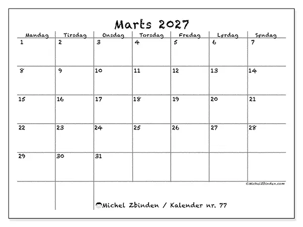 Marts 2027 månedskalender til udskrivning - Skole og familie