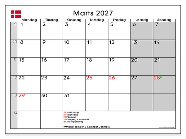 Marts 2027 månedskalender til udskrivning - Danmark