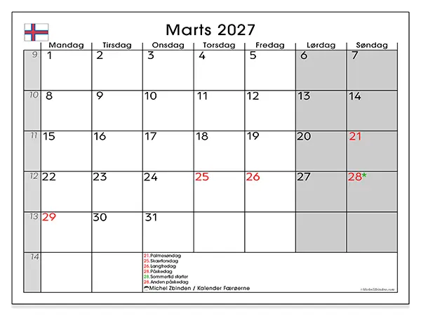 Marts 2027 månedskalender til udskrivning - Færøerne