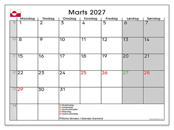 Marts 2027 månedskalender til udskrivning - Grønland