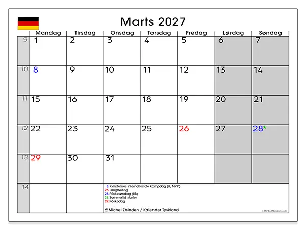 Marts 2027 månedskalender til udskrivning - Tyskland