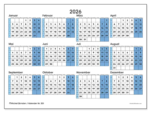 Jahreskalender 2026 zum Ausdrucken - Bereit für die Universität