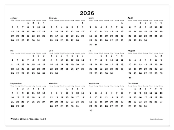 Jahreskalender 2026 zum Ausdrucken - Das ganze Jahr