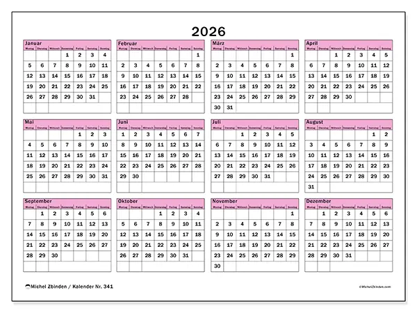 Jahreskalender 2026 zum Ausdrucken - Planung und Vorschau