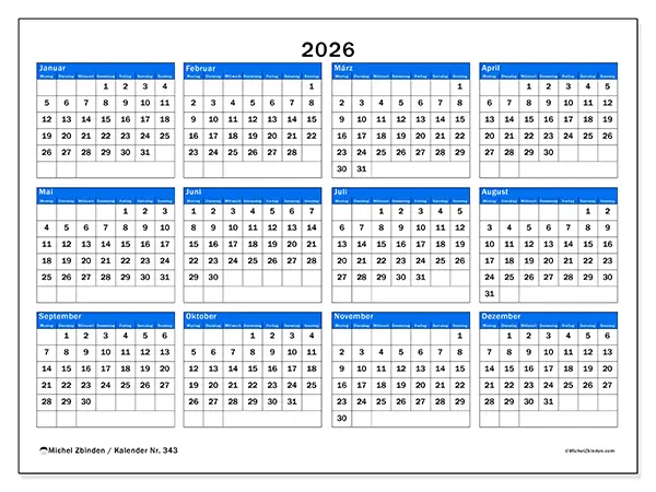 Jahreskalender 2026 zum Ausdrucken - Jahresüberblick