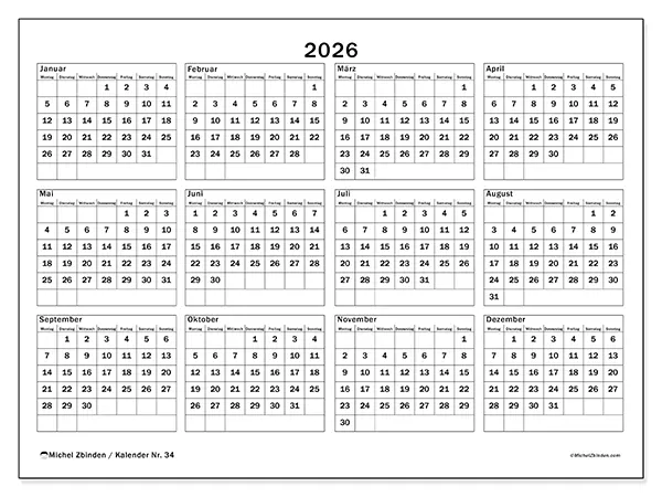 Jahreskalender 2026 zum Ausdrucken - Urlaub und Freizeit
