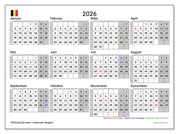 Jahreskalender 2026 zum Ausdrucken - Belgien