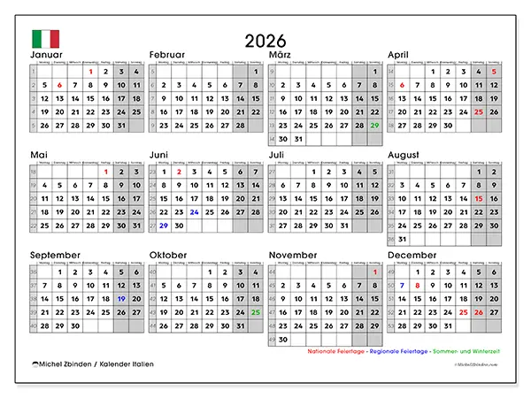 Jahreskalender 2026 zum Ausdrucken - Italien