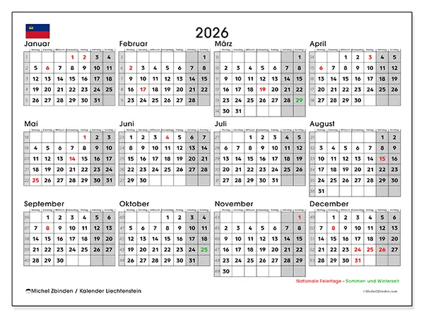 Jahreskalender 2026 zum Ausdrucken - Liechtenstein