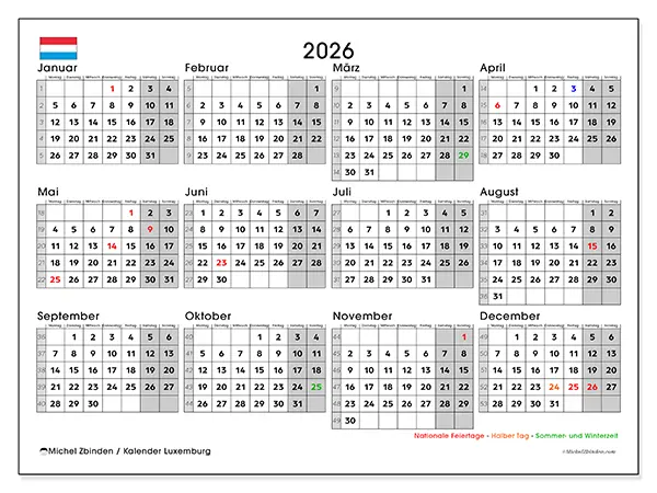 Jahreskalender 2026 zum Ausdrucken - Luxemburg