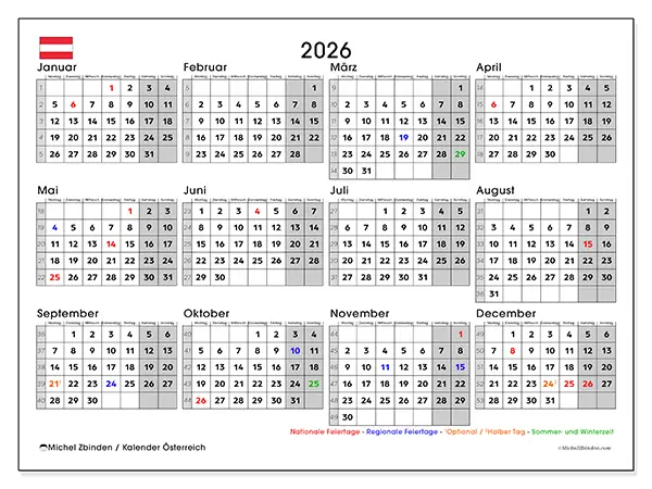 Jahreskalender 2026 zum Ausdrucken - Österreich