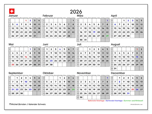 Jahreskalender 2026 zum Ausdrucken - Schweiz