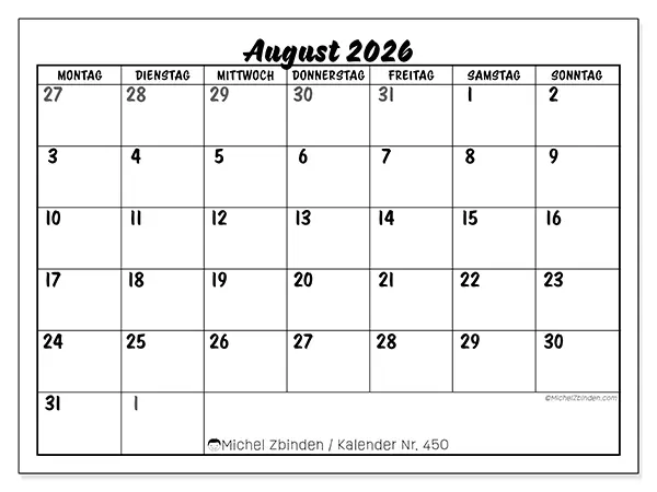 Kalender August 2026 zum Ausdrucken - Detaillierte Schulplanung