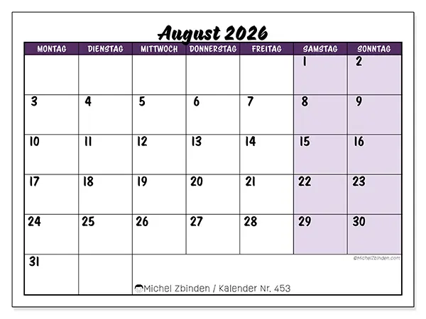 Kalender August 2026 zum Ausdrucken - Farbige Lernplanung
