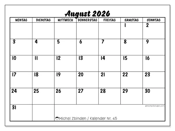 Kalender August 2026 zum Ausdrucken - Schulischer Erfolg