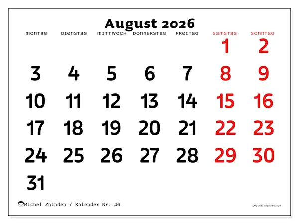 Kalender August 2026 zum Ausdrucken - Klare Übersicht