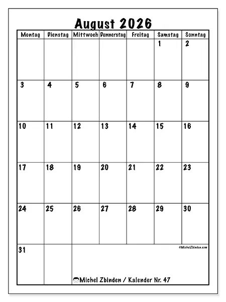 Kalender August 2026 zum Ausdrucken - Planung im Hochformat