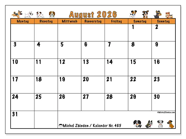 Kalender August 2026 zum Ausdrucken - Begeisterte Hunde