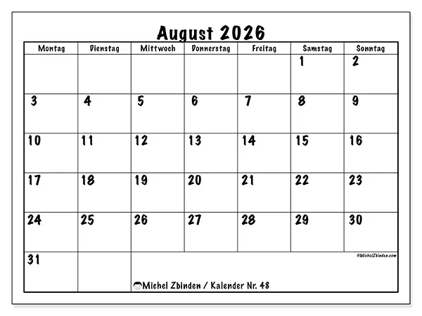 Kalender August 2026 zum Ausdrucken - Alltagsplanung