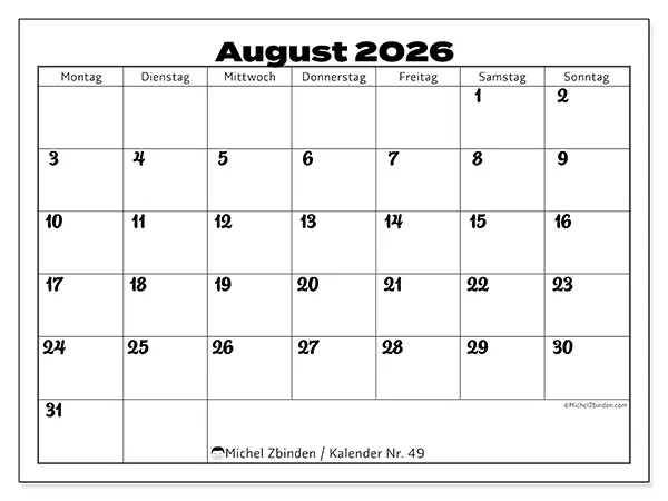Kalender August 2026 zum Ausdrucken - Koordination im Arbeitsstil