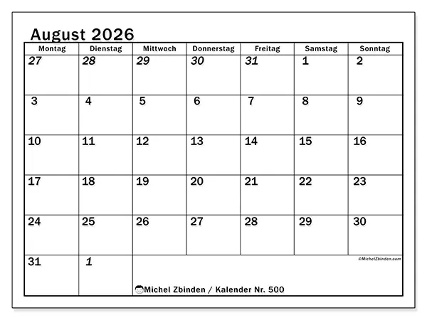 Kalender August 2026 zum Ausdrucken - Intensive Planung
