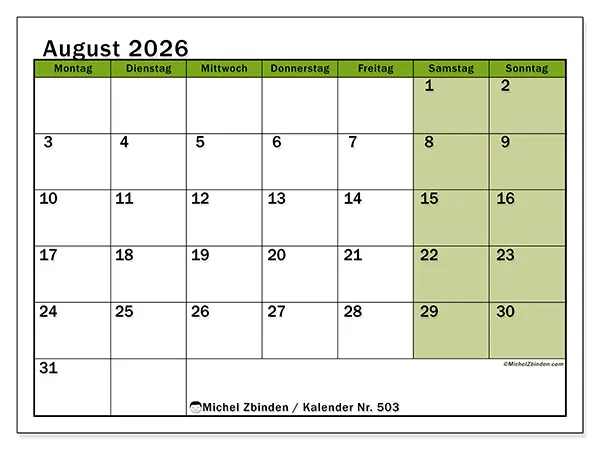 Kalender August 2026 zum Ausdrucken - Naturakzente