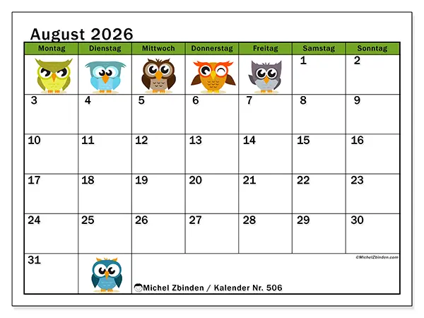 Kalender August 2026 zum Ausdrucken - Lustige Eulen
