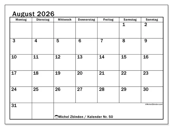 Kalender August 2026 zum Ausdrucken - Klassische Planung