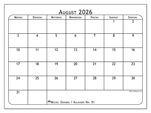 Kalender August 2026 zum Ausdrucken - Essensplan