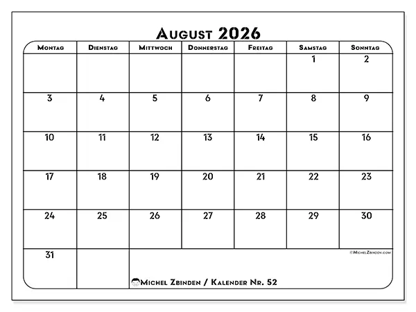 Kalender August 2026 zum Ausdrucken - Berufliche Planung
