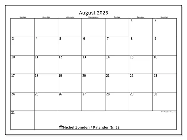 Kalender August 2026 zum Ausdrucken - Zeitplan