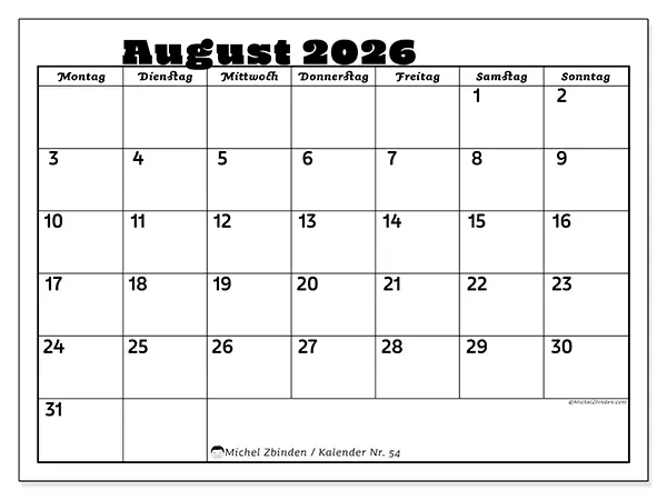 Kalender August 2026 zum Ausdrucken - Aktivitäten in der Familie