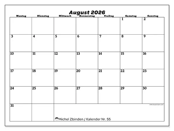 Kalender August 2026 zum Ausdrucken - Freizeitorganisation