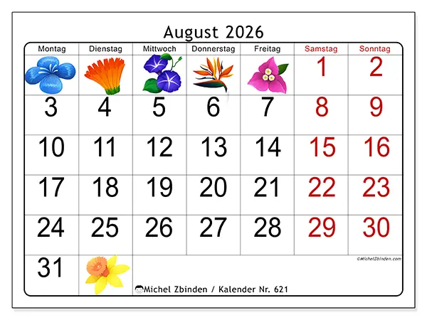 Kalender August 2026 zum Ausdrucken - Große Blumen