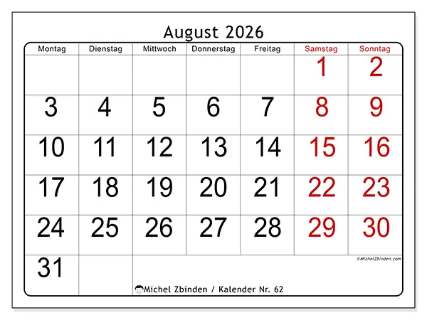 Kalender August 2026 zum Ausdrucken - Schnelllesen