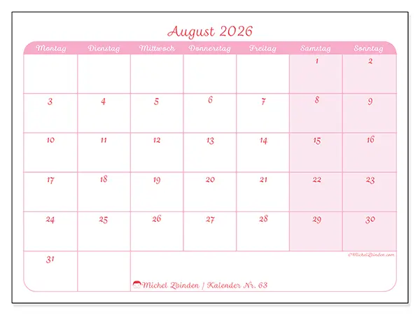 Kalender August 2026 zum Ausdrucken - Sanfte Planung